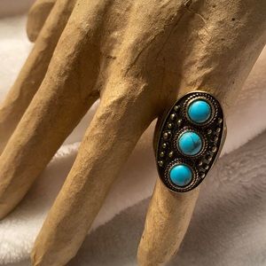BoHo Vintage Faux Turquoise & Brass Statement Ring size 8